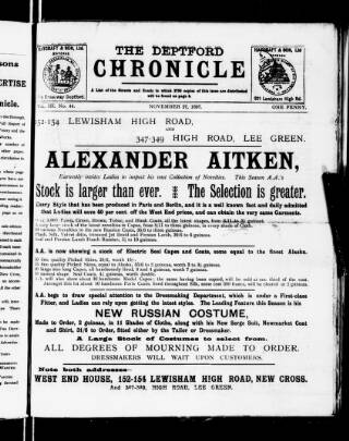 cover page of Deptford Chronicle published on November 27, 1897