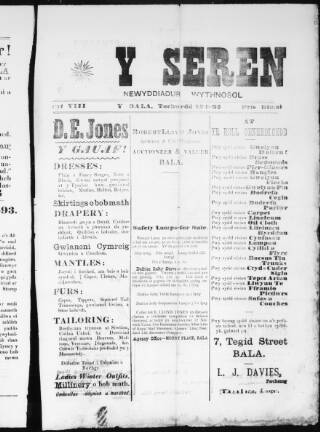 cover page of Seren (Bala, Wales) published on November 19, 1892