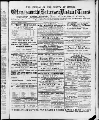 cover page of Wandsworth & Battersea District Times published on November 30, 1889