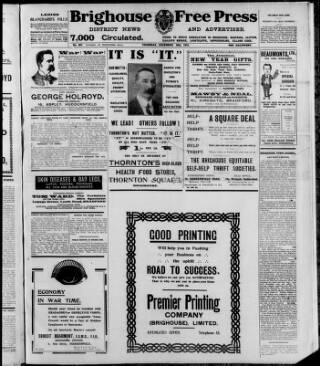 cover page of Brighouse Free Press and District Advertiser published on December 30, 1915