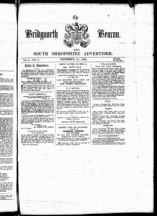 cover page of Bridgnorth Beacon and South Shropshire Advertiser published on December 1, 1852