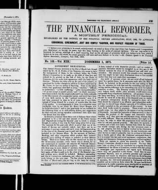 cover page of Financial Reformer published on December 1, 1871