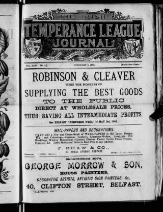 cover page of Irish Temperance League Journal published on February 1, 1895