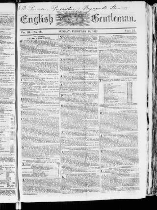 cover page of English Gentleman published on February 18, 1827