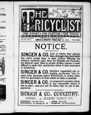 cover page of The Tricyclist published on May 16, 1884