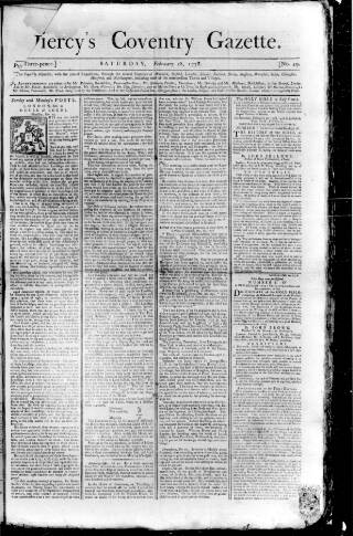 cover page of Piercy's Coventry Gazette published on February 28, 1778
