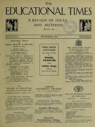 cover page of Educational Times published on September 1, 1921