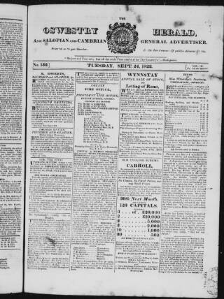 cover page of Oswestry Herald published on September 24, 1822