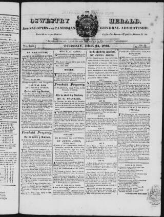 cover page of Oswestry Herald published on December 24, 1822
